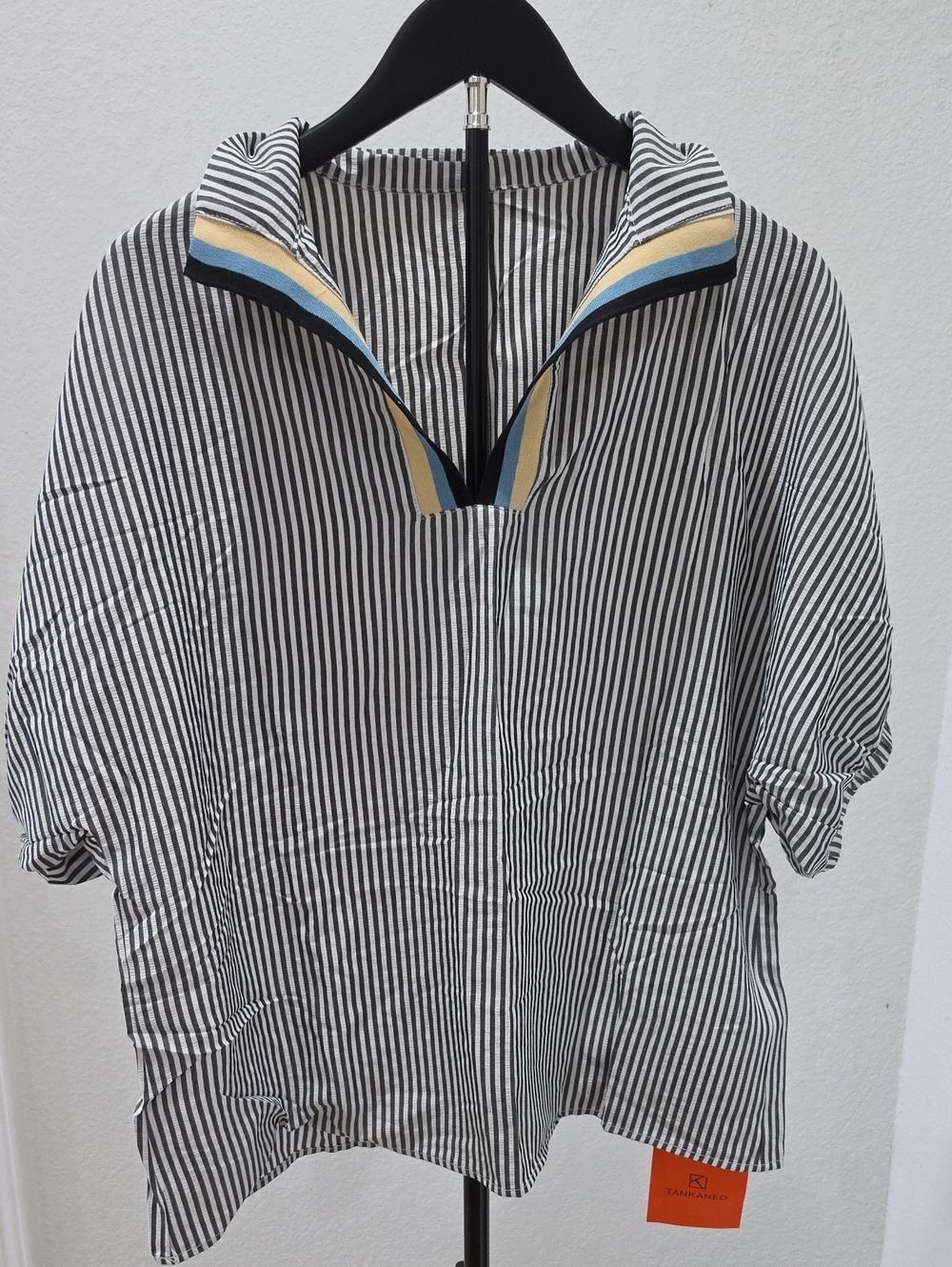Black & White Striped Short-Sleeve Button Down Shirt with Accent Trim